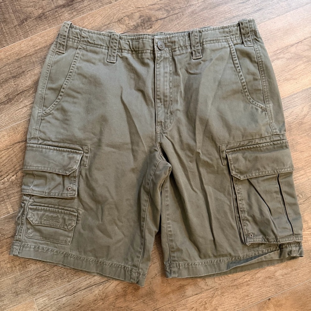 Eddie Bauer Men 36 Olive Green Cargo Short Y2K Outdoor Pockets Drawstring Cotton